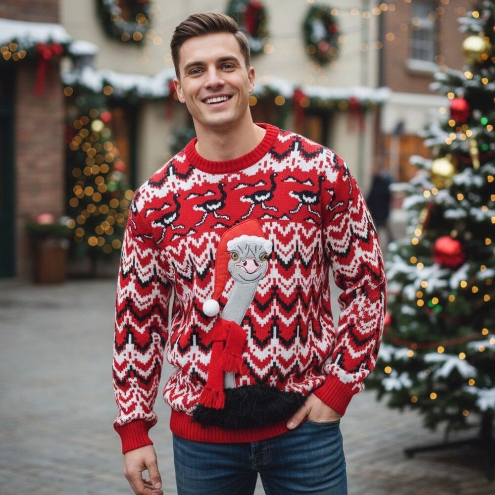 33 Degrees Ostrich Ugly Christmas Sweater Men's XXL 3D Funny Festive Fashion